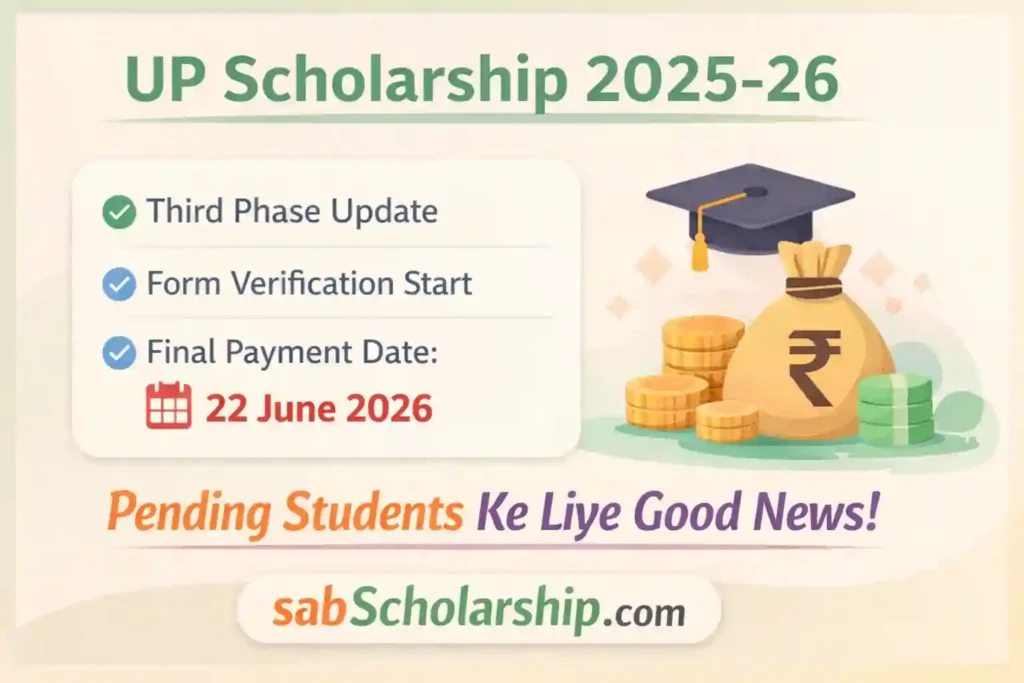 UP Scholarship 2025-26 Third Phase Update जारी। Pending form verification, correction date, final payment 22 June 2026 तक। Check UP Scholarship status, eligibility, important dates and latest news at sabScholarship.co