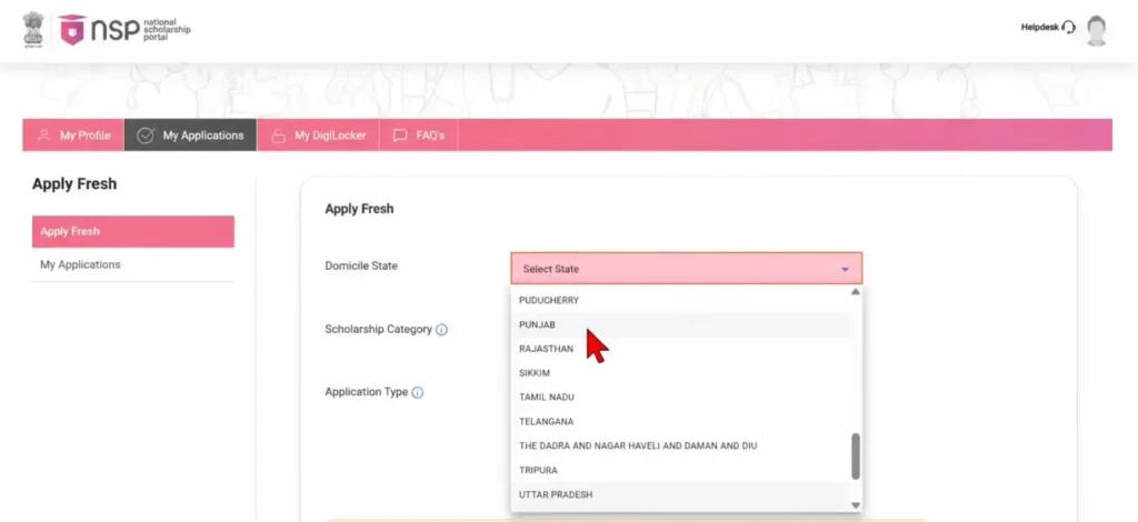 Application Step for NMMS Scholarship on NSP Portal